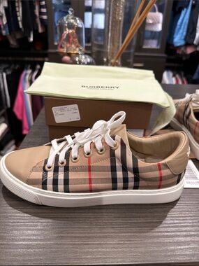 Burberry Classic Beige Plaid Low-Top Sneaker with Red Accent